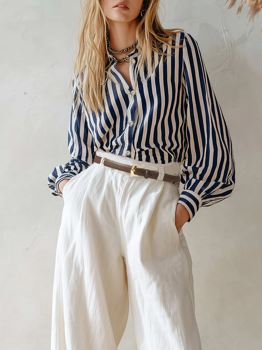 Casual Navy Blue And White Striped Collared Shirt And White Wide-leg Pants Set
