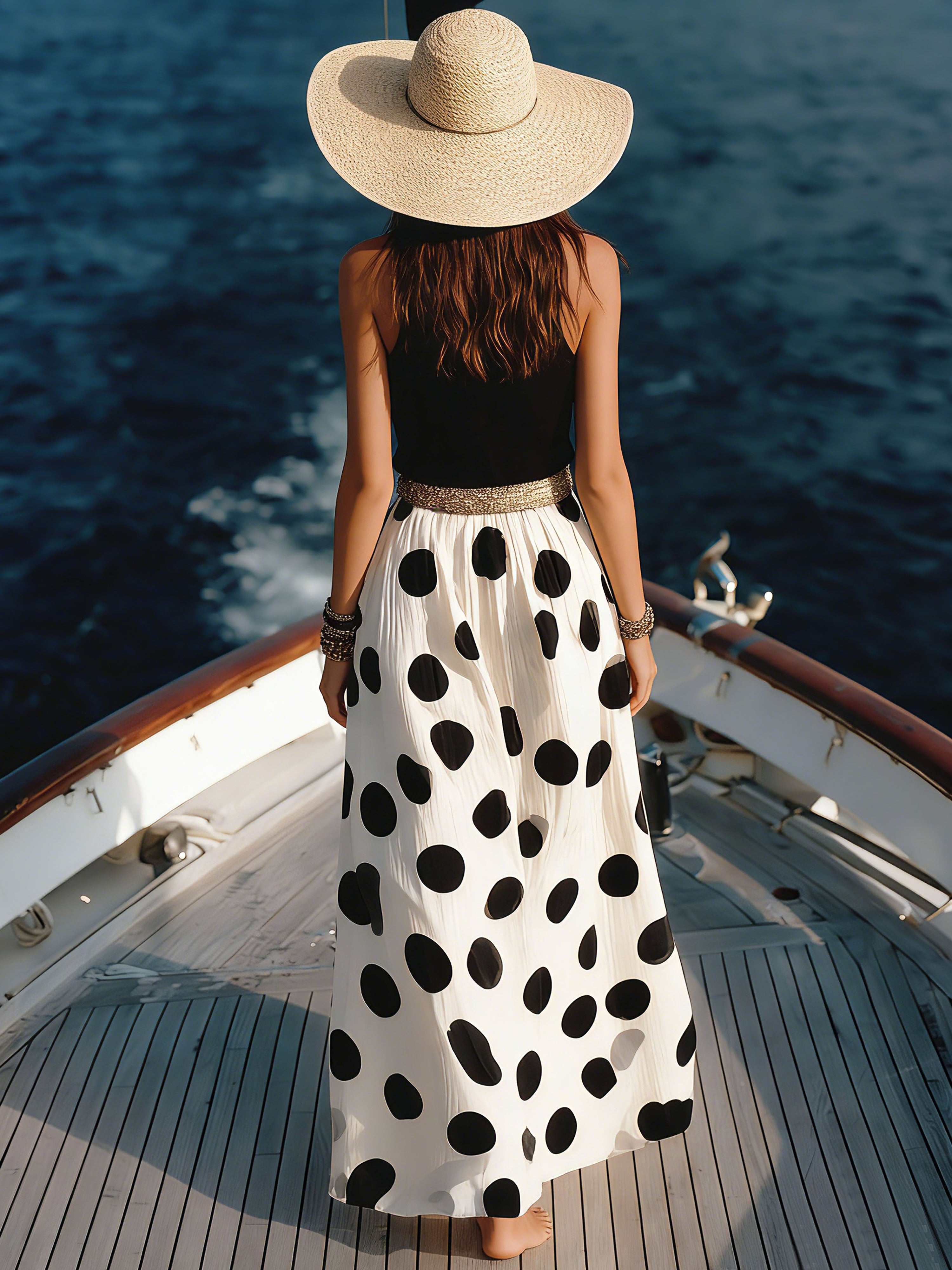 Resort-Style Black Sleeveless Vest Top,Black Polka Dot White Skirt Set