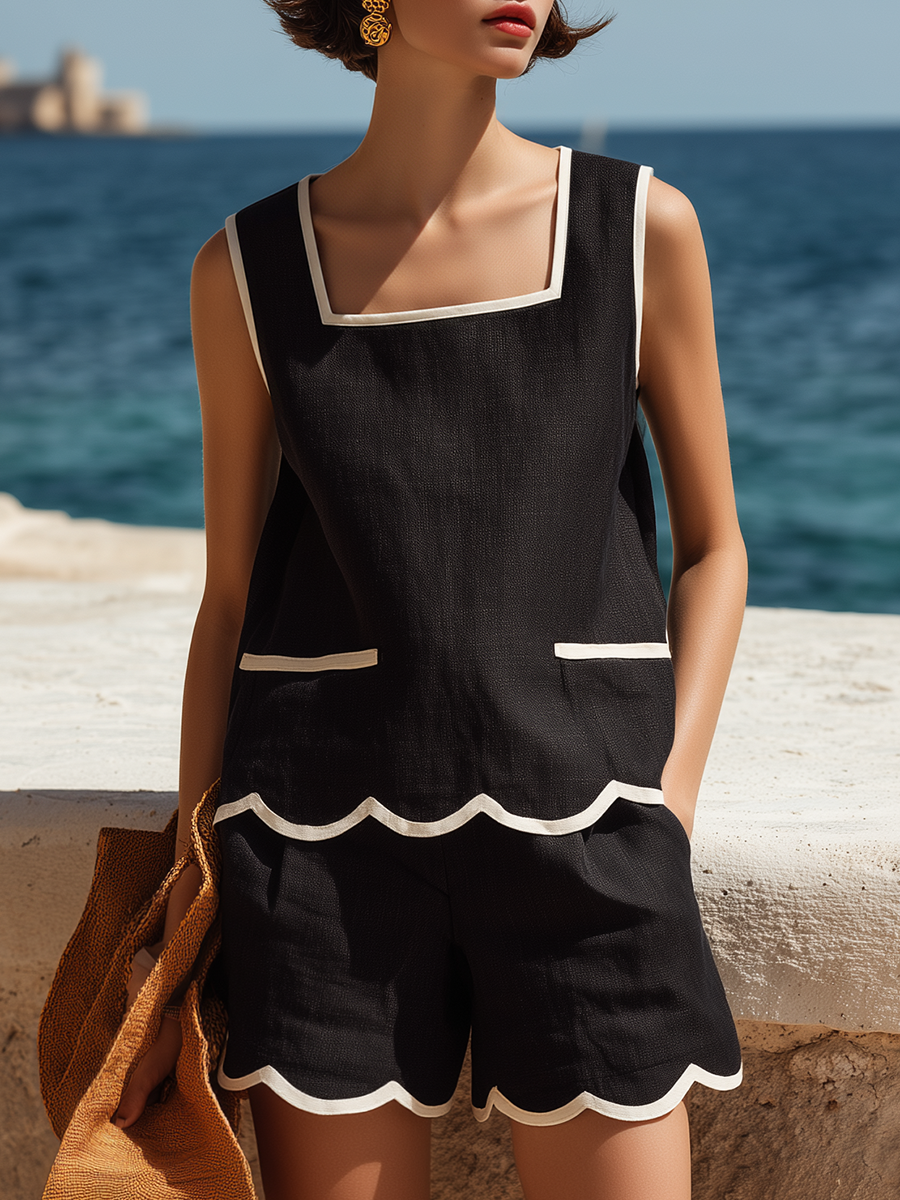 Elegant Resort Contrast Wavy Trim Black Top And Shorts Cotton Linen Set