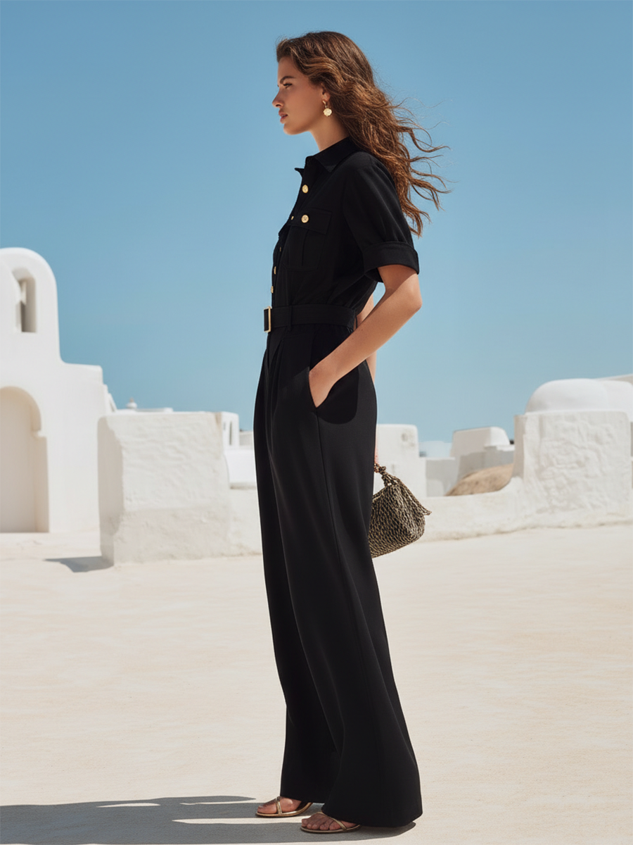 Resort-style Cotton Black V-neck Short-sleeved Trouser Set