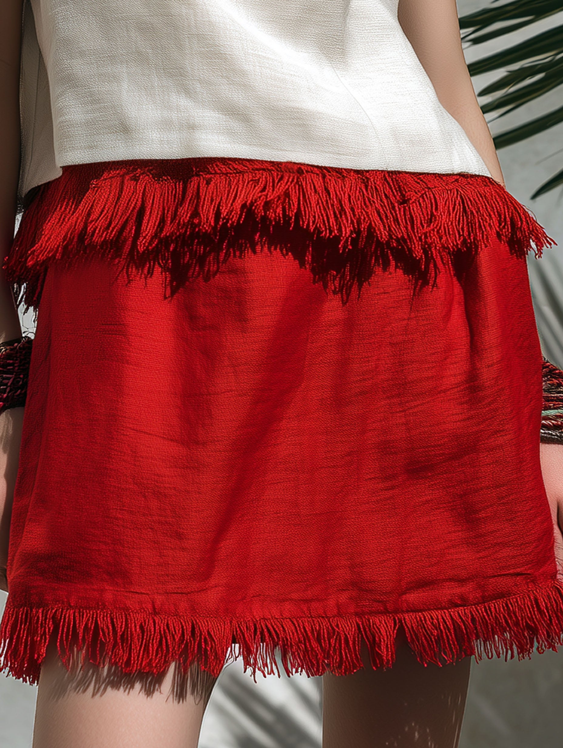 Elegant Resort Style Cotton Linen Patchwork Red Tassel Mini Skirt Set