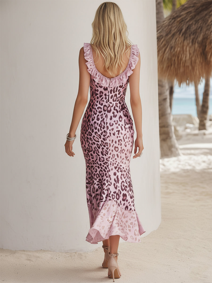 Luxury Resort Leopard Print Pink Sequin Ruffle V-Neck Midi Dress