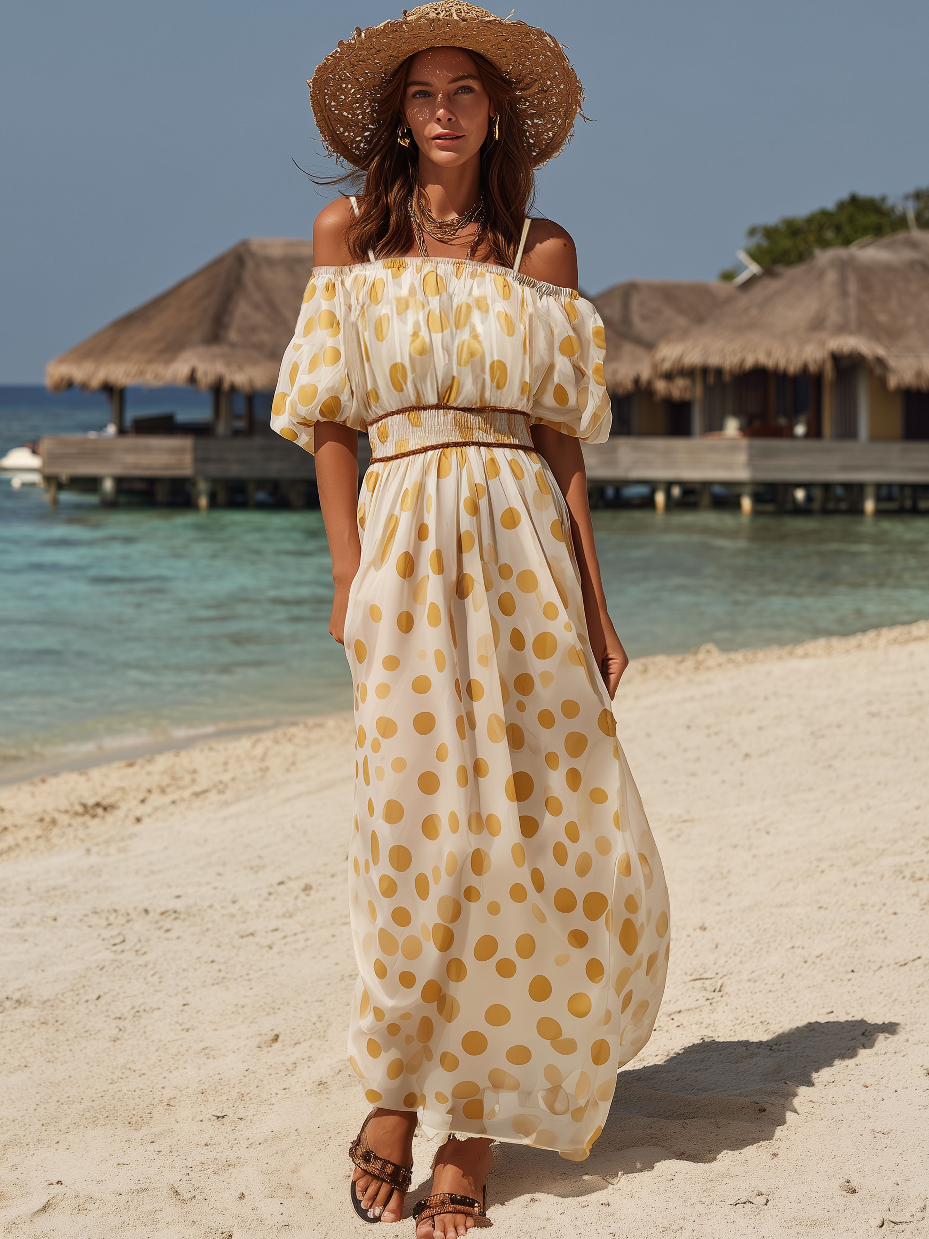 Resort Chiffon Yellow Polka Dot Off-Shoulder Beige Maxi Dress
