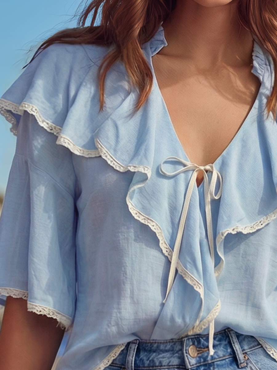Romantic Bohemian Ruffled V-Neck Blue Tencel Short-Sleeve Shirt