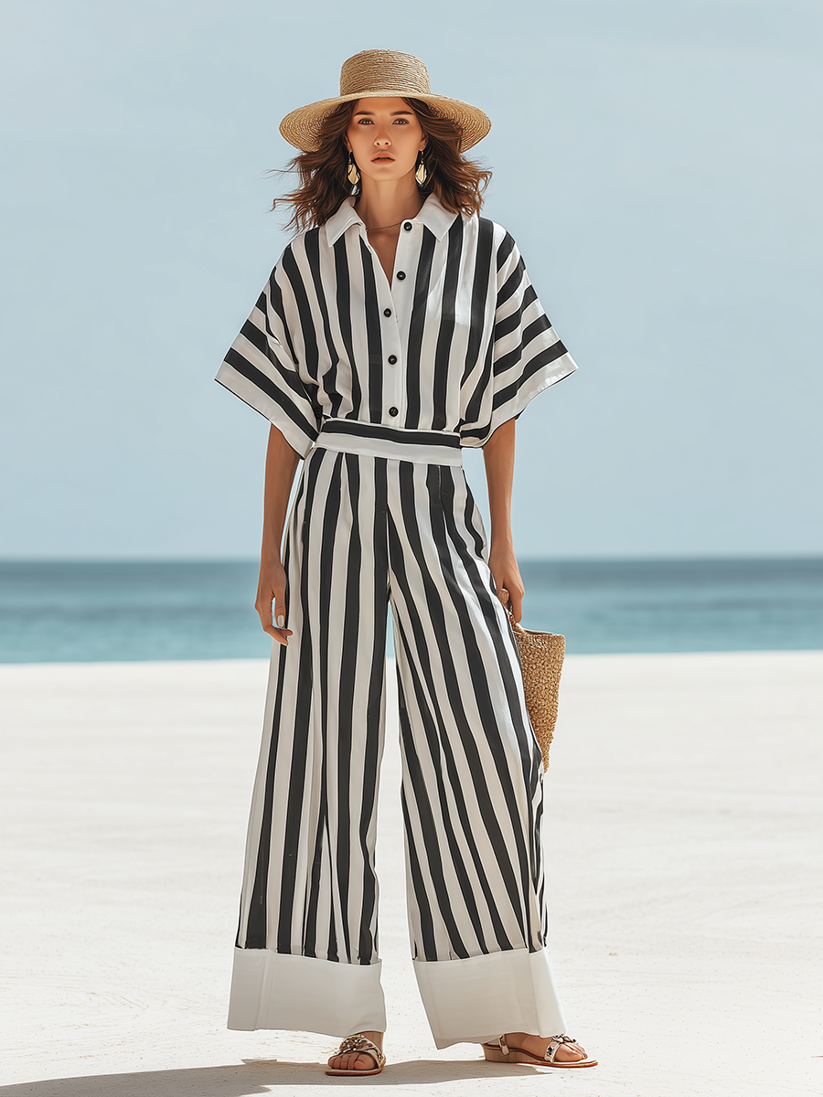 Resort-style Black And White Striped Short-sleeved Trouser Set