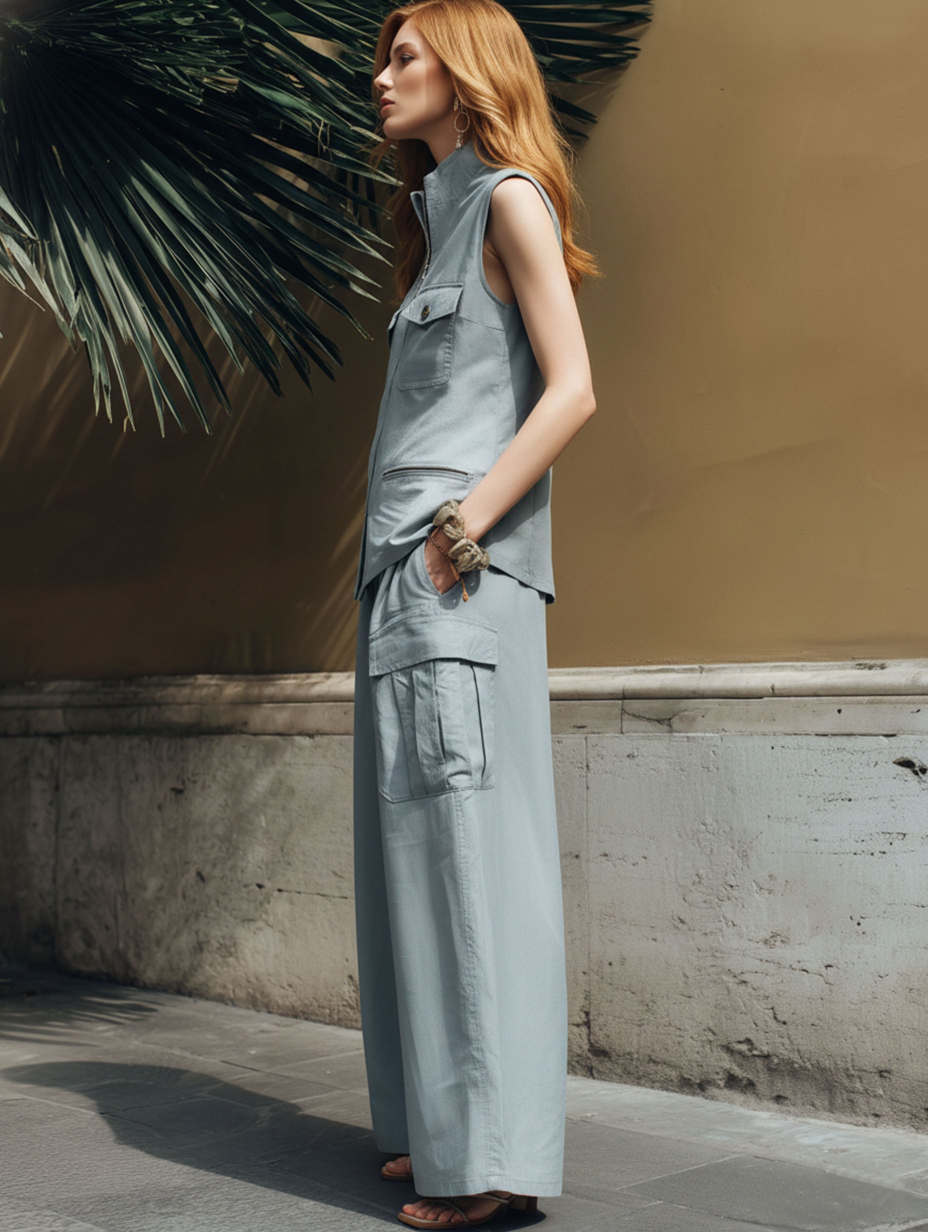 Fashionable Gray-Blue Cotton Linen Workwear Zipper Sleeveless Flap Pocket Top And Trousers Set