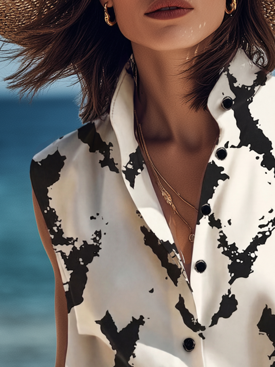 Chic Vacation Sleeveless Geometric-Print Satin Shirt
