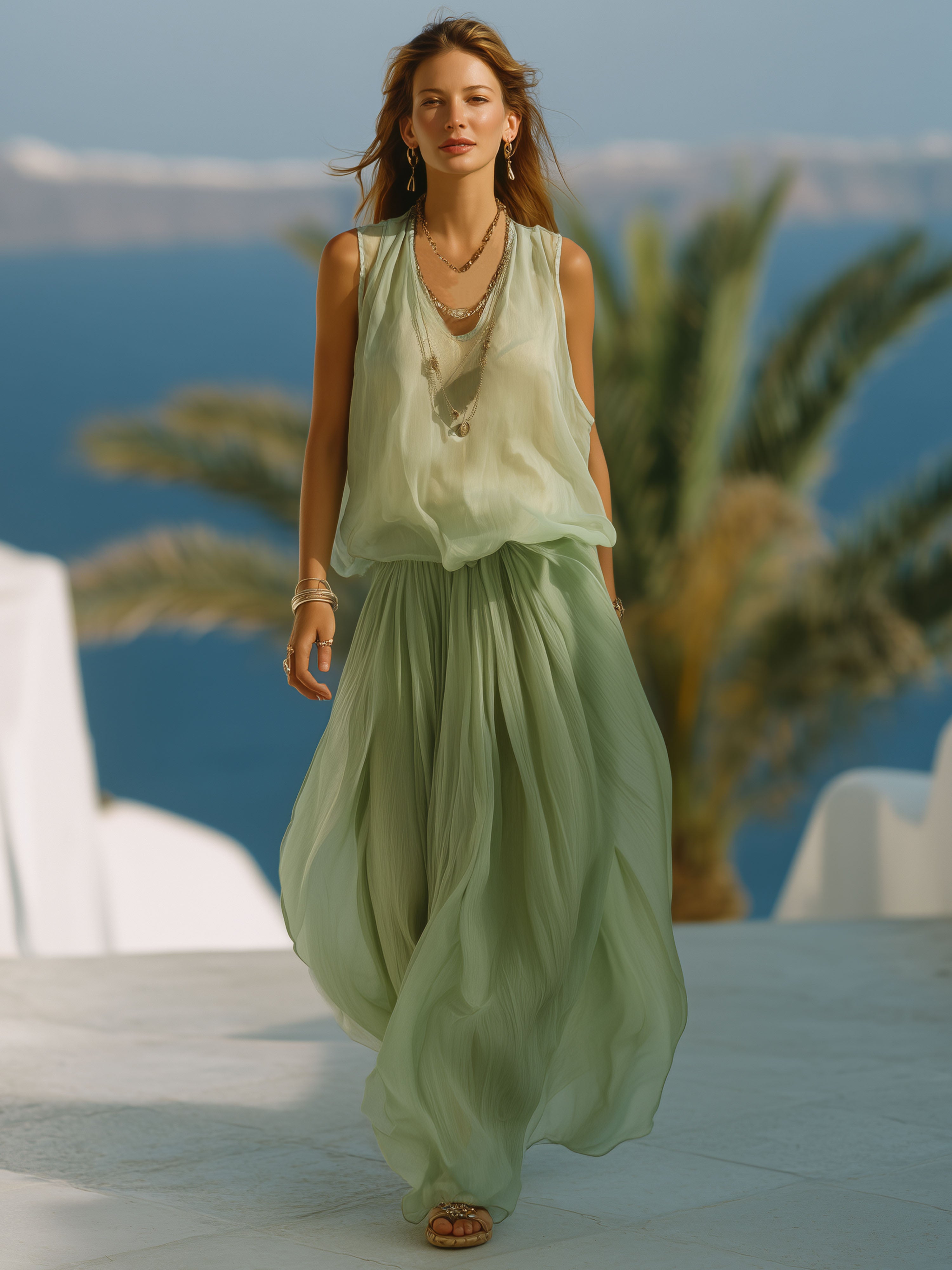 Vacation Light Green Chiffon Sleeveless Top And Long Skirt Set