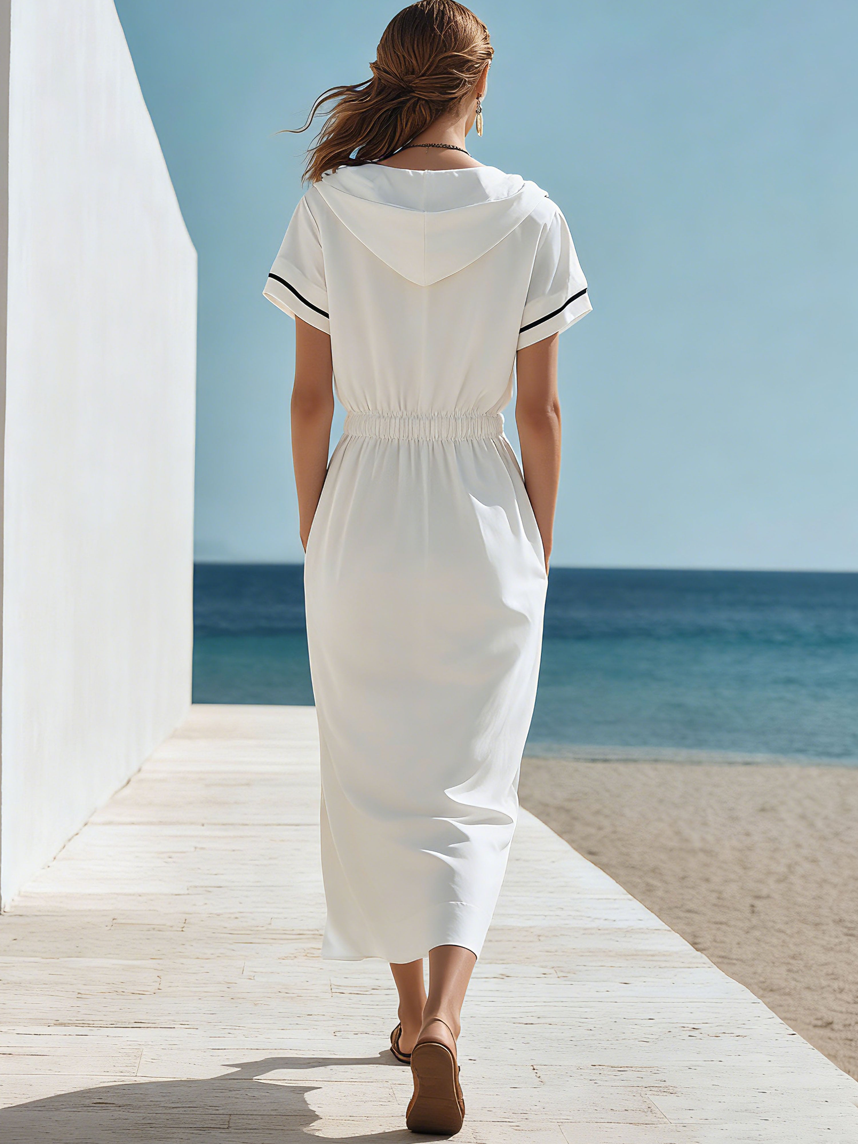 Vacation Casual White Cotton Hooded With Black Piping Midi Dress