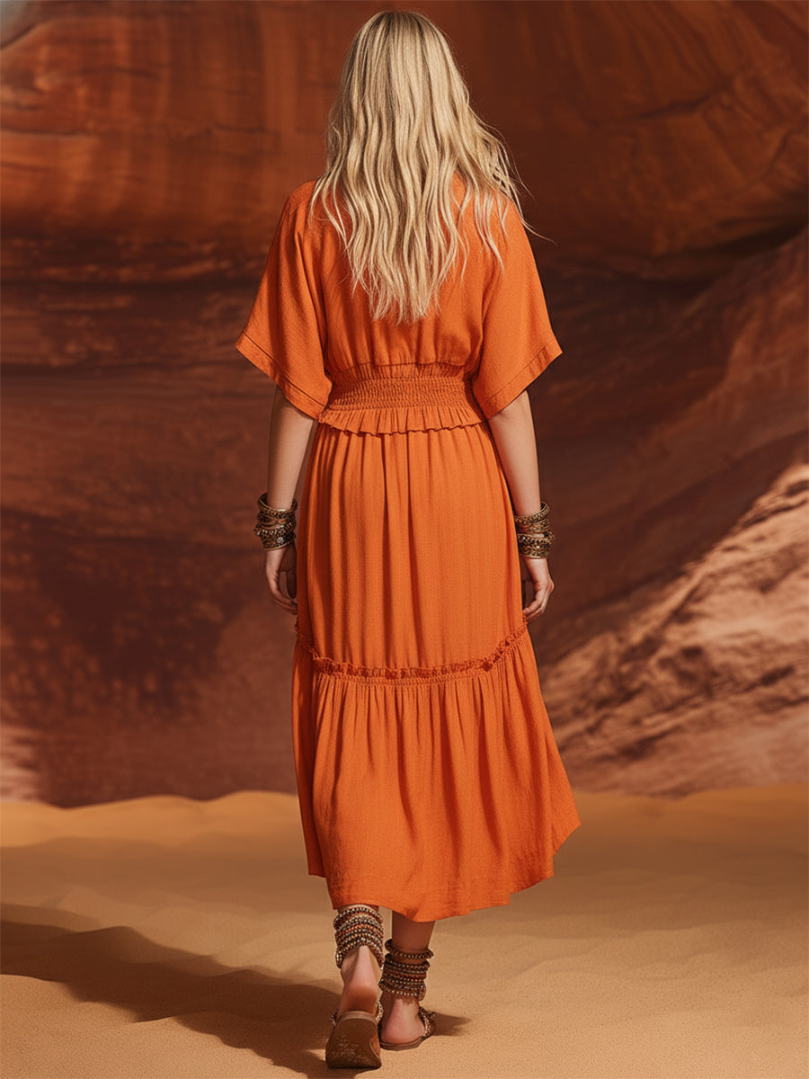 Casual Vacation V-neck Terracotta Orange Cotton Linen Ruffled Midi Dress