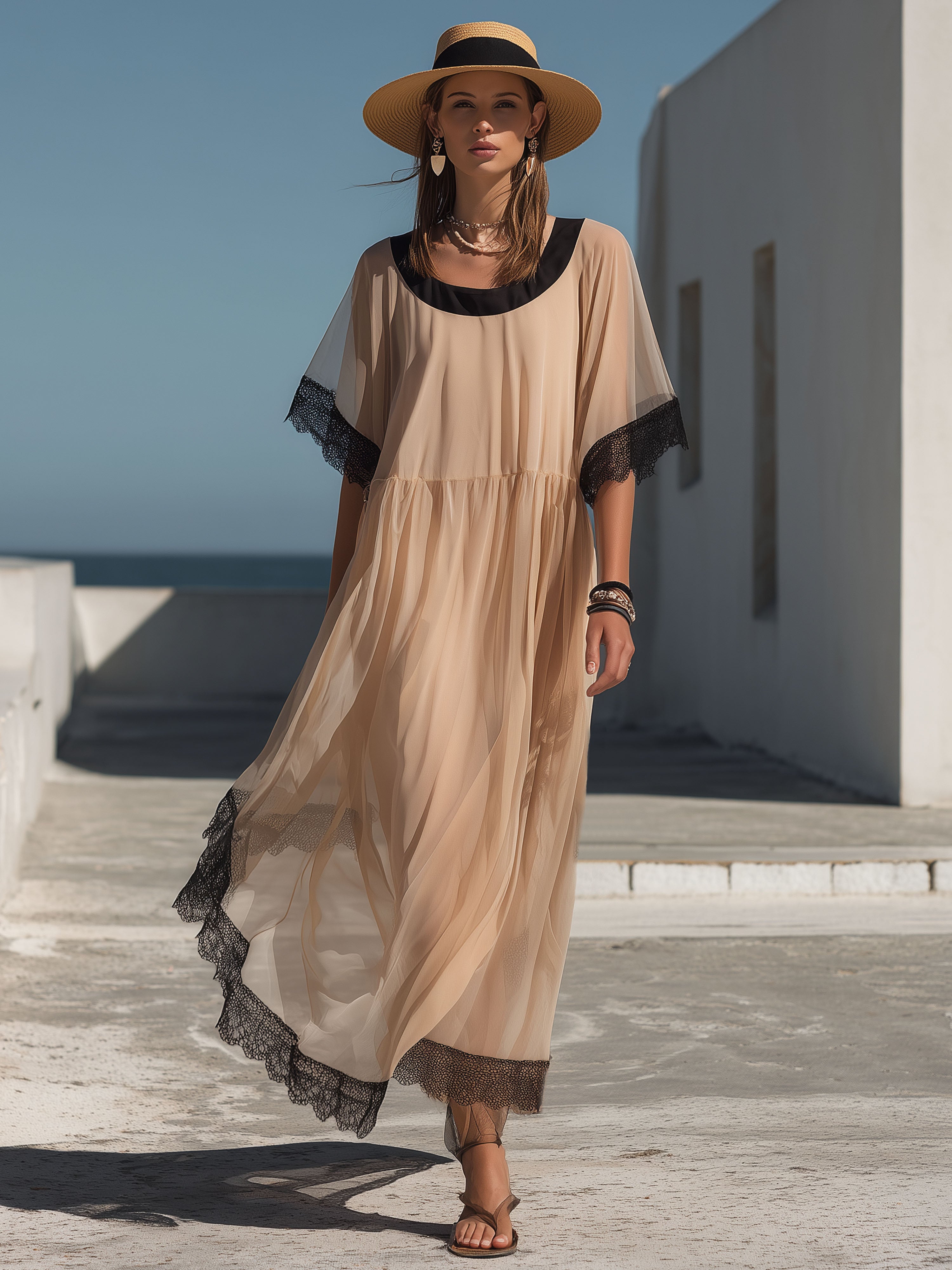 Vacation Black Lace-Trimmed Champagne-Colored Short-Sleeved Maxi Dress
