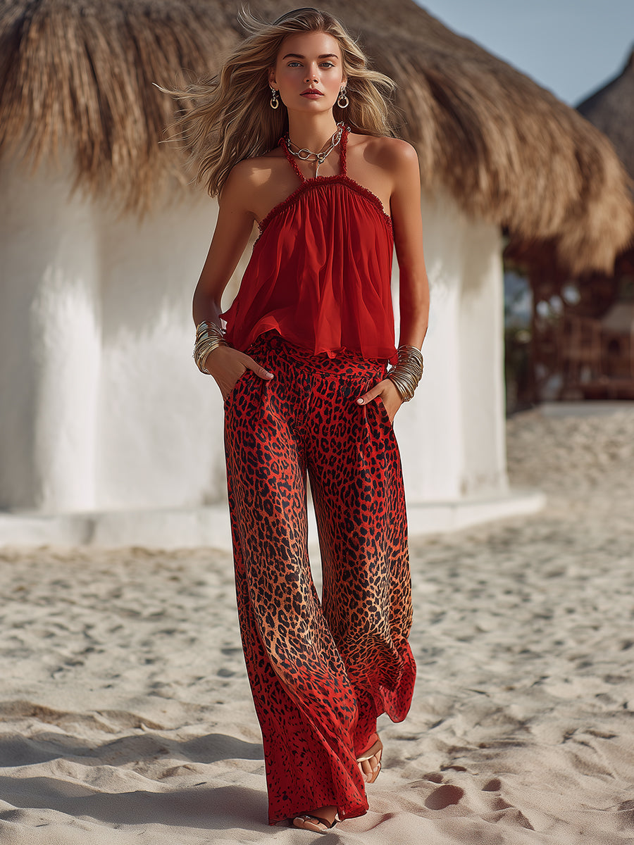 Bohemian Scarlet Chiffon Camisole Top Gradient Leopard Print Chiffon Wide-Leg Pants Set