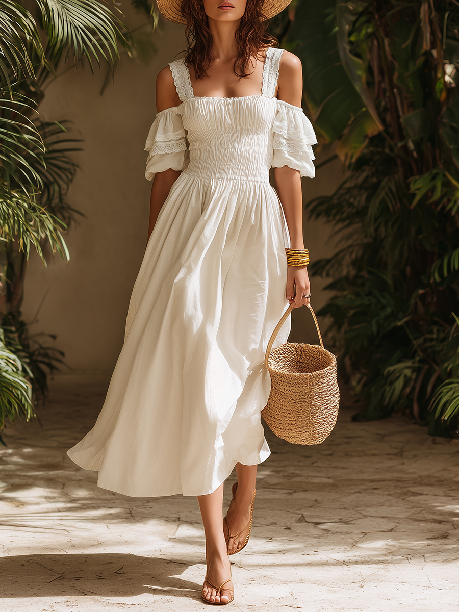 Elegant Vacation Short-sleeved Ruffled White Cotton And Linen Maxi Dress