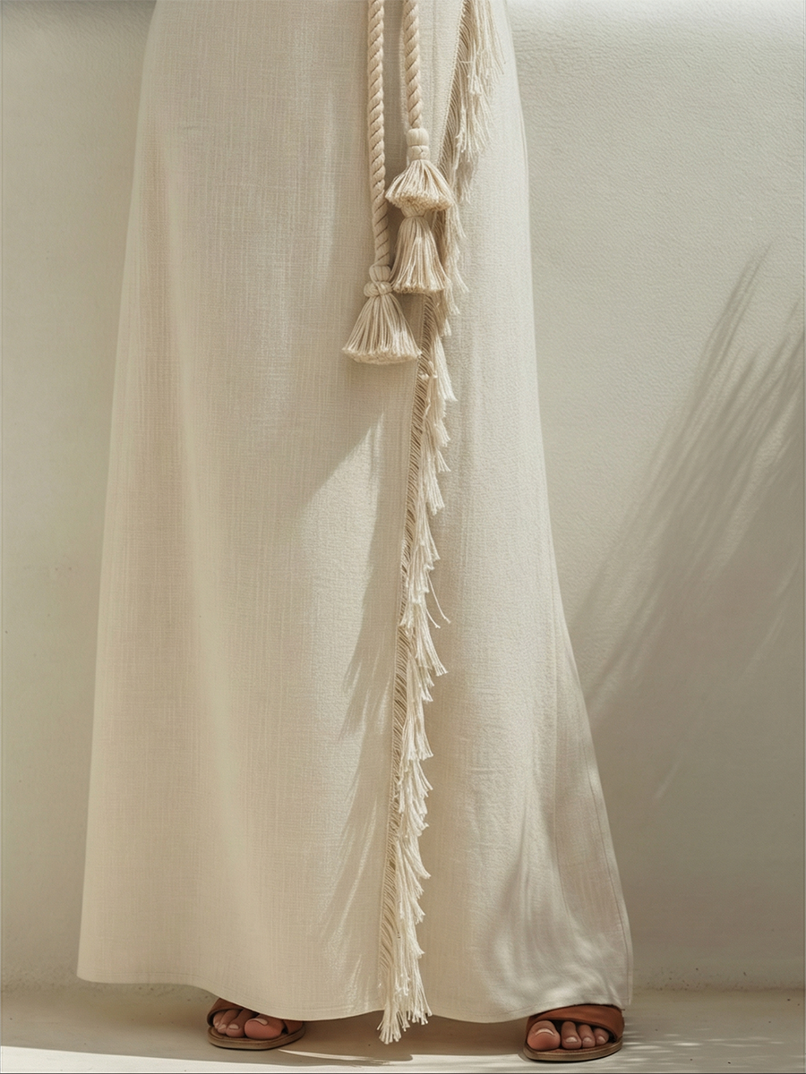 Minimalist Bohemian V-neck Tassel Sleeveless Cotton Linen Maxi Dress