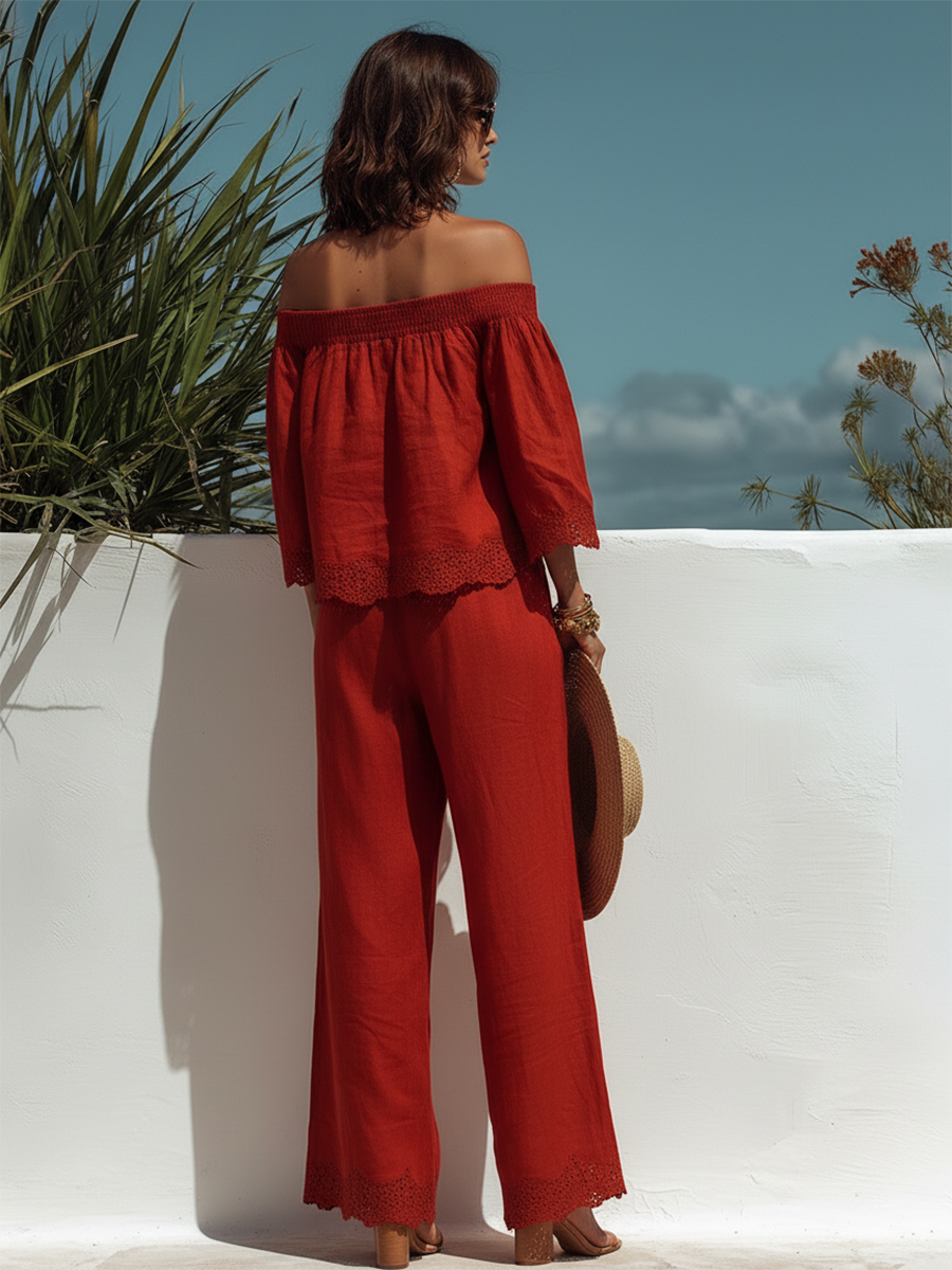 Elegant Bohemian Lace-trimmed Off-the-shoulder Top And Wide-leg Pants Red Set