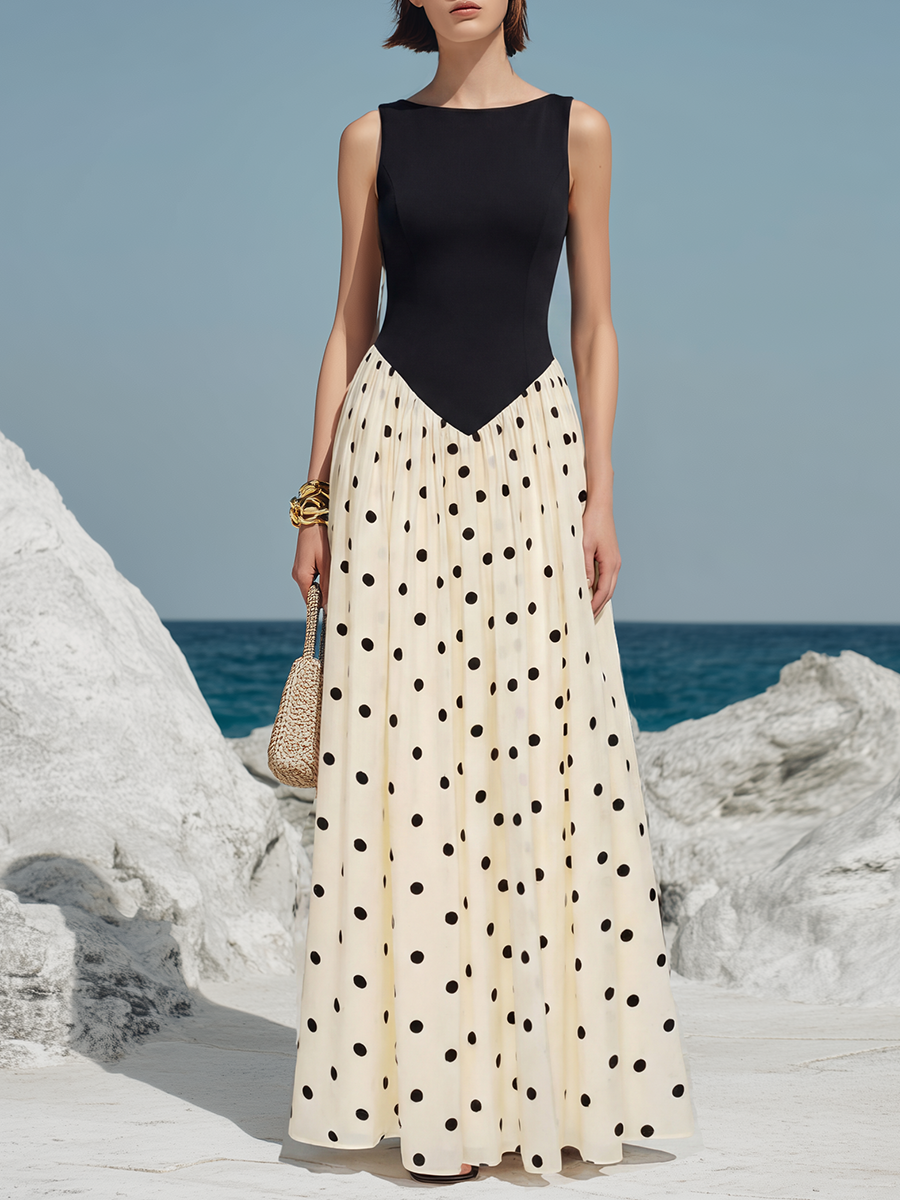 Elegant Vacation-style Black And White Polka Dot Sleeveless Maxi Dress