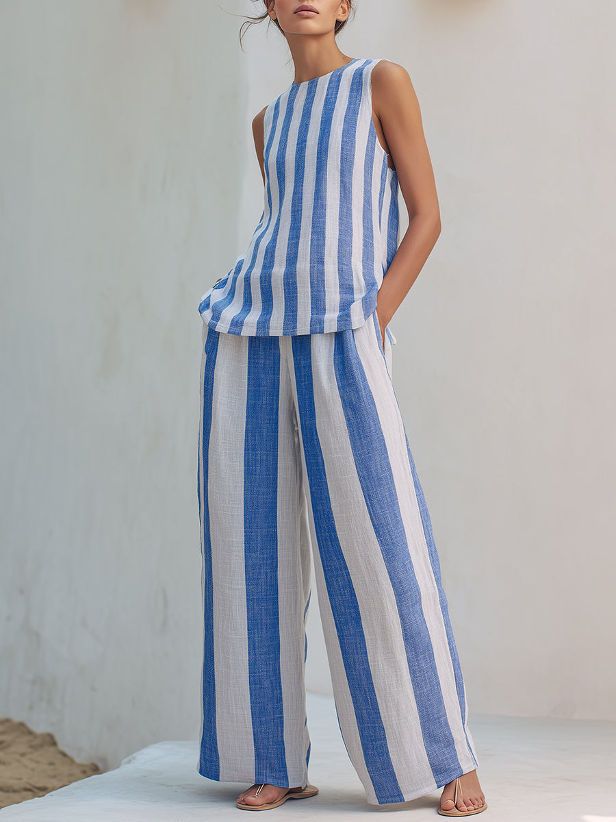 Mediterranean Blue And White Striped Sleeveless Top And Wide-leg Pants Set