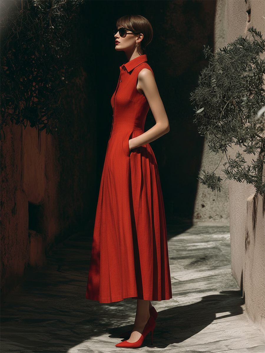 Casual Sleeveless Gathered Hem Red Maxi Dress