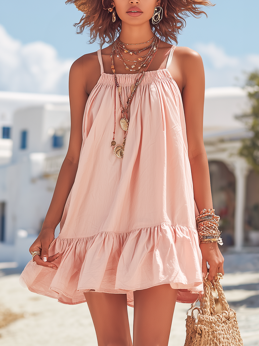 Resort-style Pink Spaghetti Strap Loose Off-shoulder Mini Dress