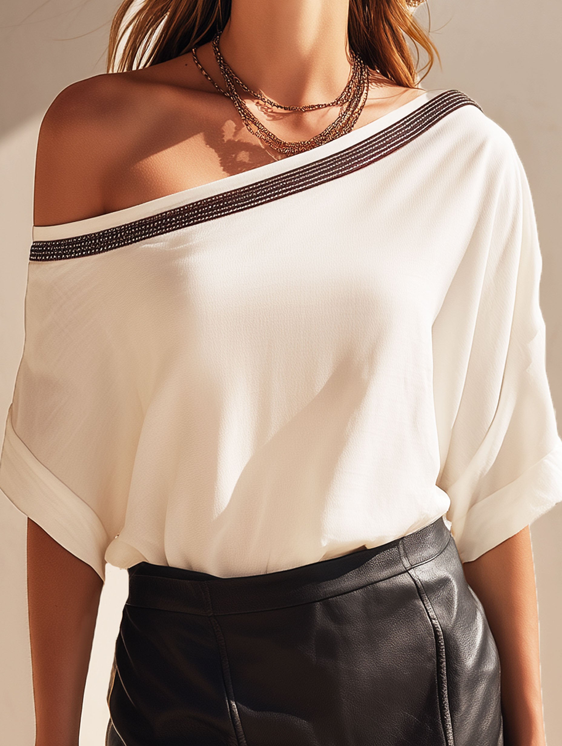 Western-Style Short-Sleeved Off-Shoulder White Top And Leather Skirt Set