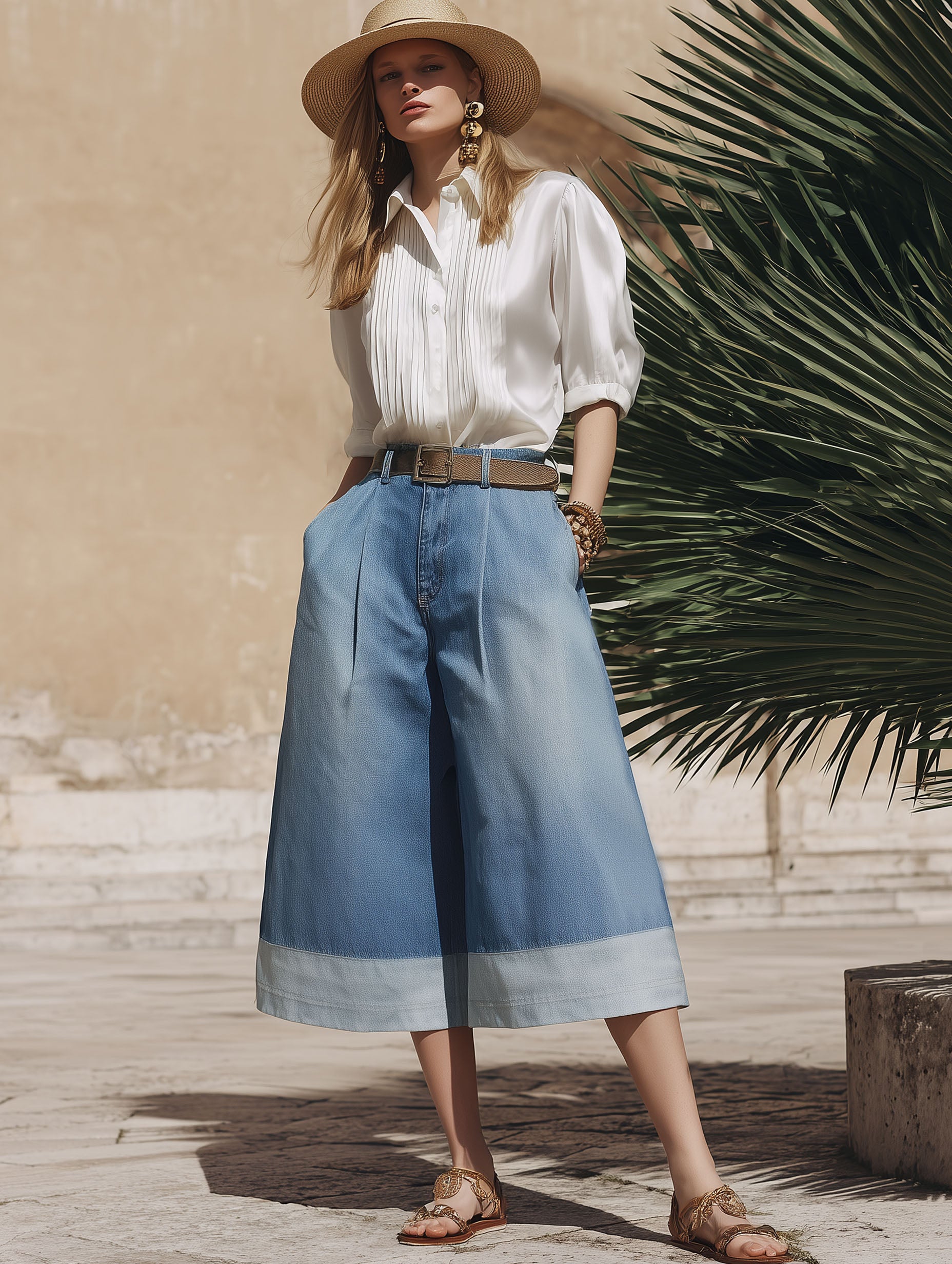 Stylish Resort-Style Light Blue Washed Patchwork Cropped Pants
