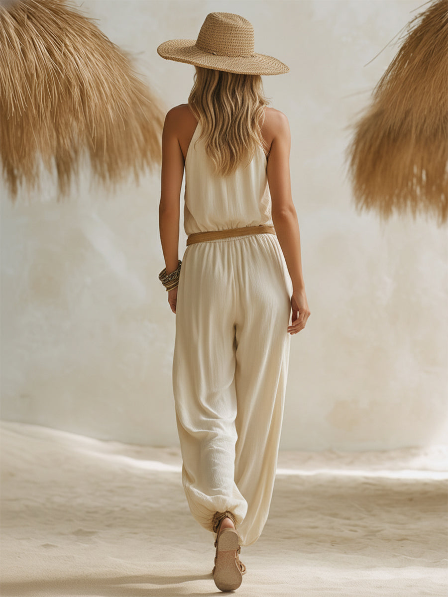 Bohemian-style Vacation Backless Sleeveless Textured Chiffon Top And Harem Pants Set