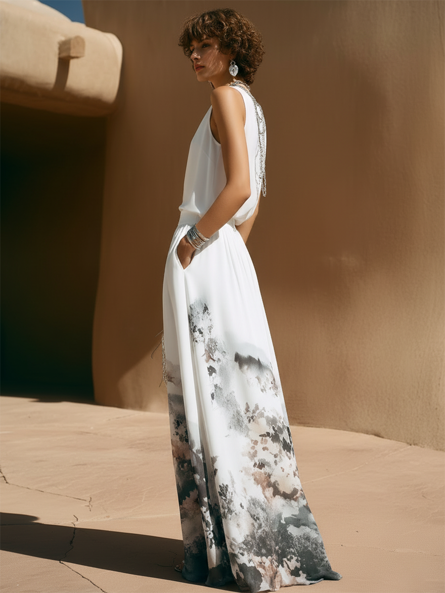 Stylish Vacation-Style Sleeveless Top And Printed Skirt Set