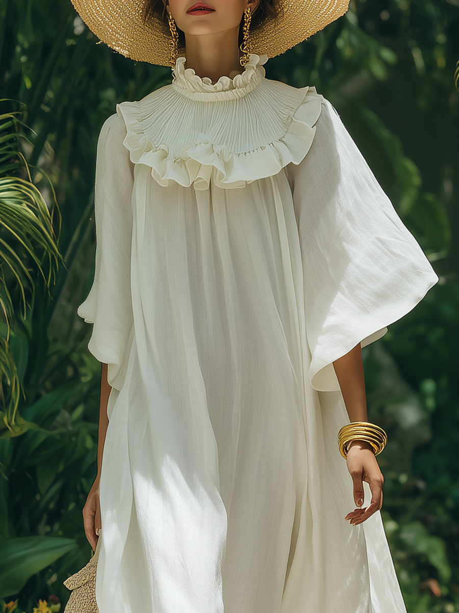 Romantic Bohemian Style Ruffled Neckline White Cotton Maxi Dress