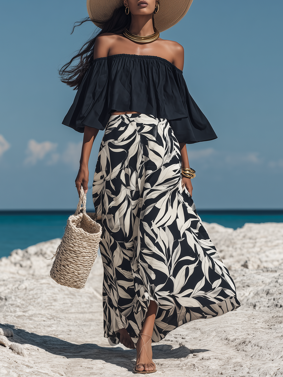 Romantic Bohemian Off-Shoulder Black Flared-Sleeve Top And Leaf-Print Chiffon Skirt Set