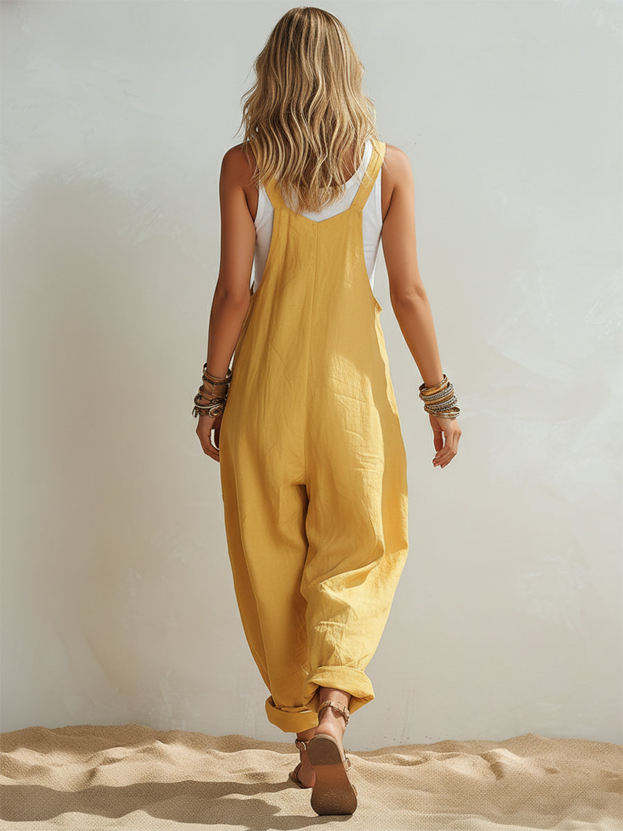 Bohemian Coast Mustard Yellow Cotton Linen Wide-Strap Loose Overalls
