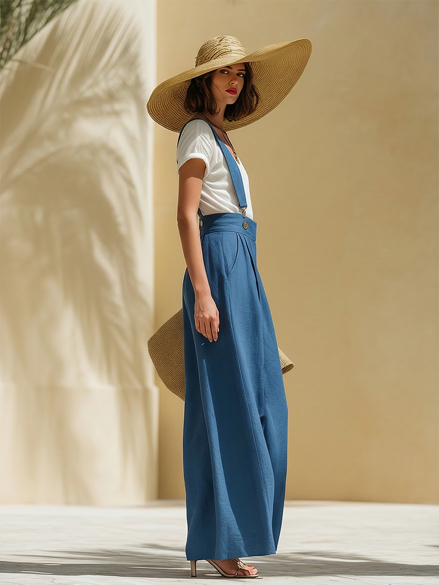 Casual Loose-Fit Blue Tencel-Linen Wide-Leg Overalls