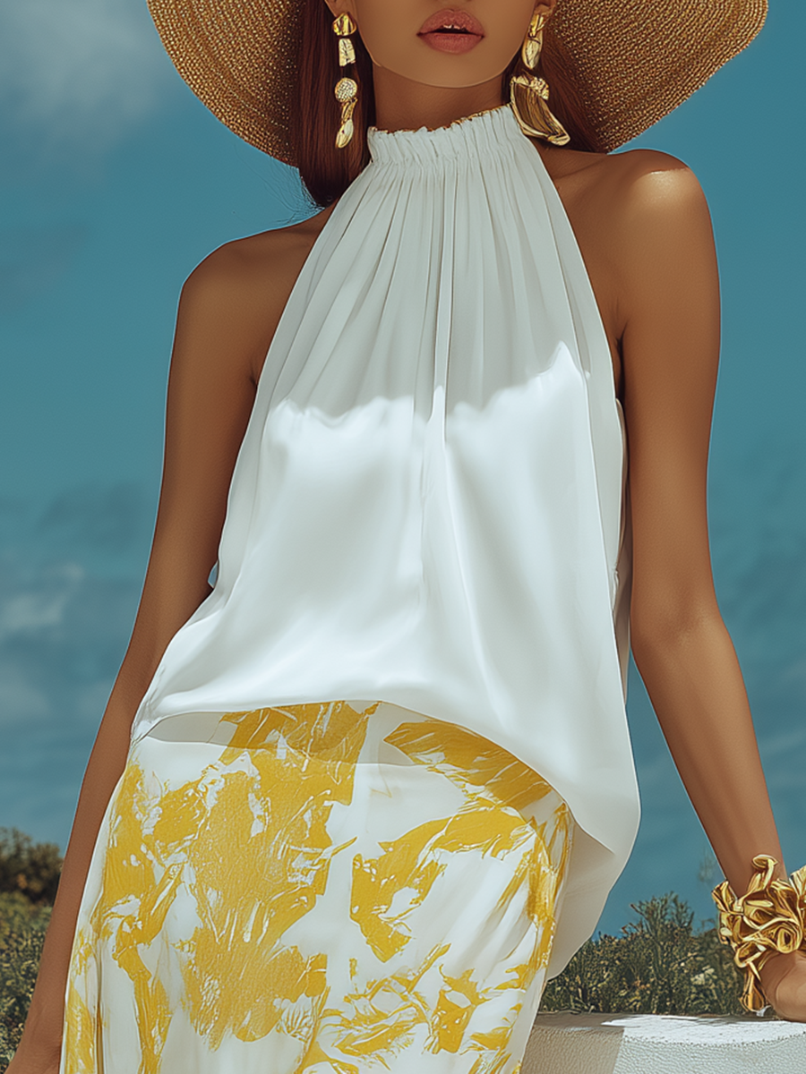 Resort-style White Sleeveless Top And Yellow Printed Skirt Set