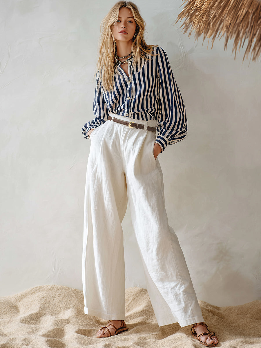 Casual Navy Blue And White Striped Collared Shirt And White Wide-leg Pants Set