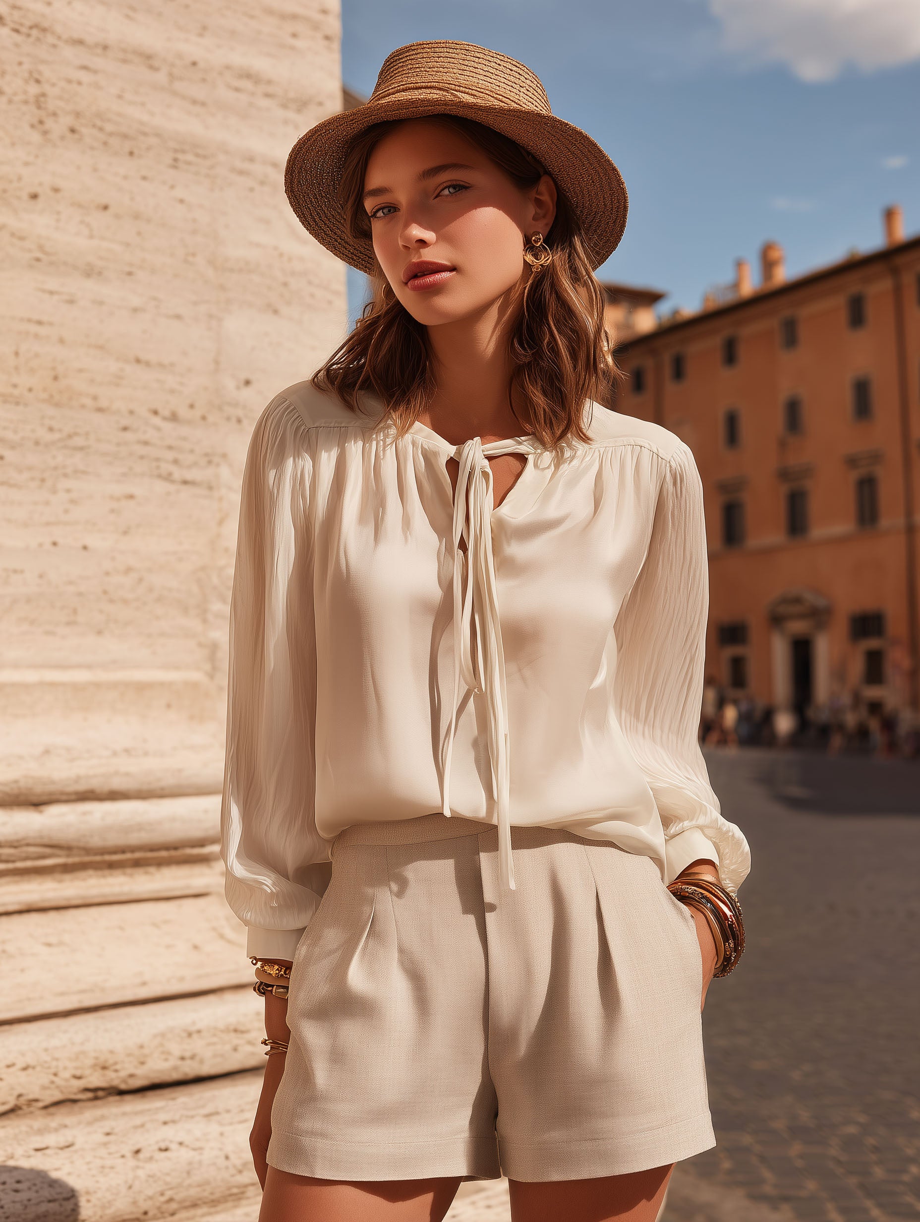 Vacation-Style Sheer Chiffon Off-White Long-Sleeved Top And Shorts Set