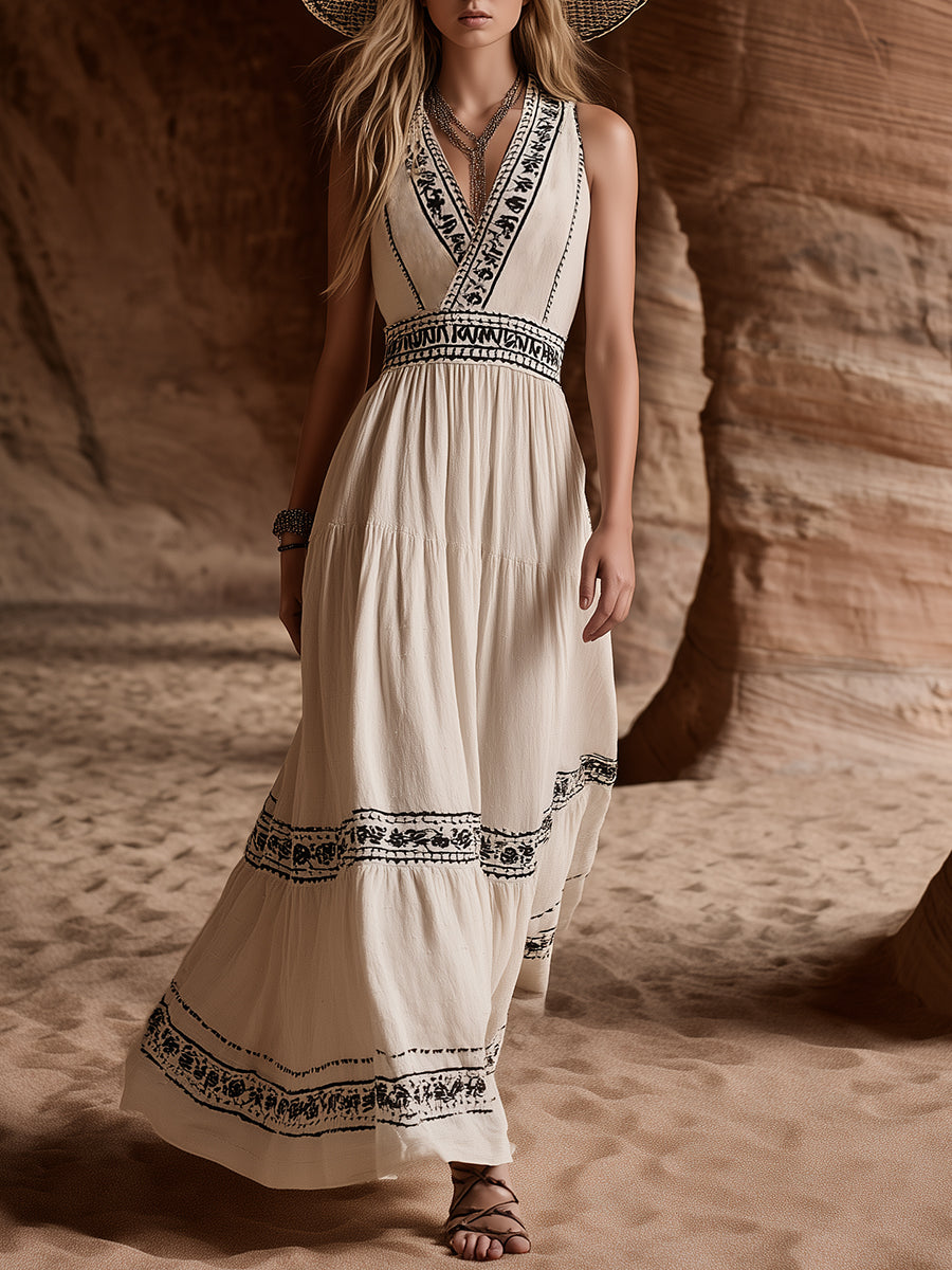 Casual Bohemian Black Embroidered Off-White V-Neck Sleeveless Maxi Dress