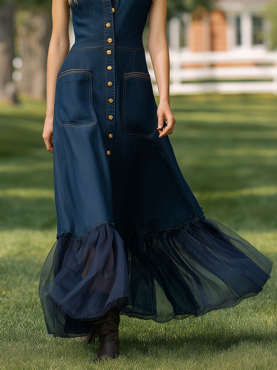 Casual And Stylish Button-down Denim Blue Ruffled Hem Sleeveless Maxi Dress
