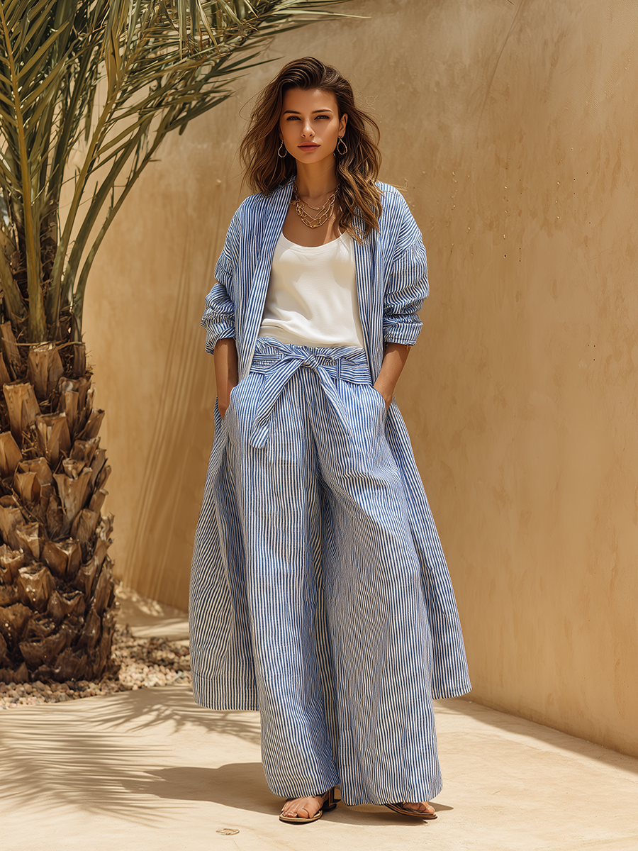 Casual Vacation Style Blue And White Striped Long Cotton And Linen Shirt And Wide-leg Pants Set
