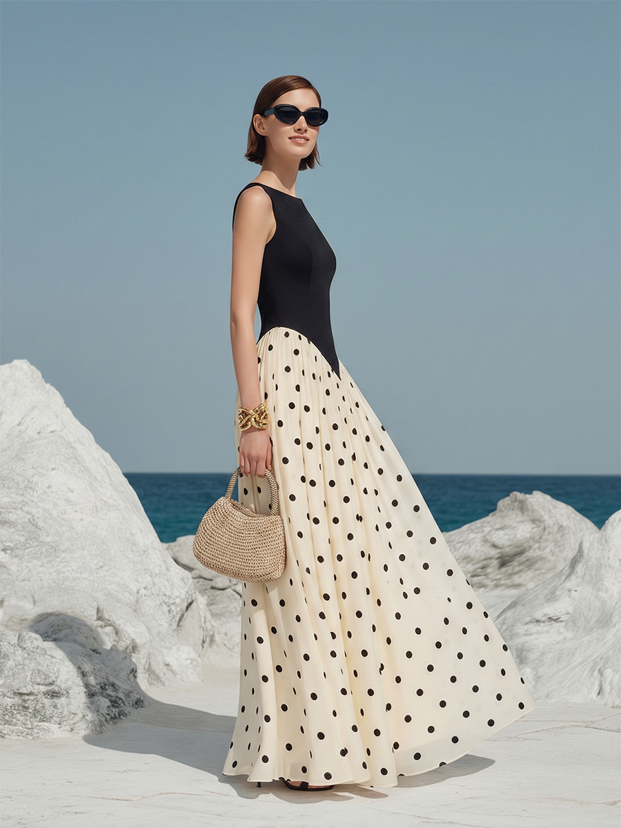 Elegant Vacation-style Black And White Polka Dot Sleeveless Maxi Dress