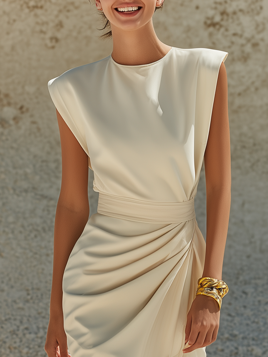 Elegant And Sophisticated Wide-shouldered Sleeveless White Pleated Midi Dress