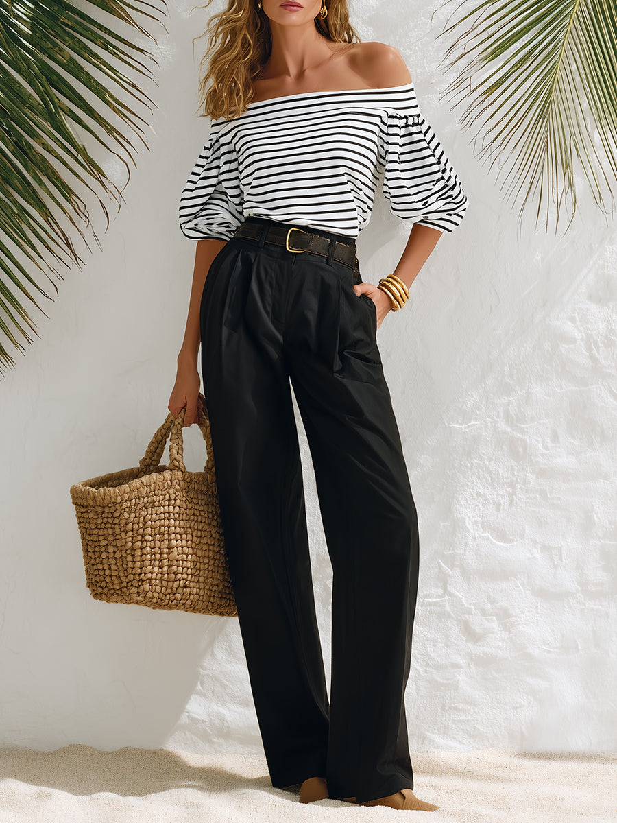 Nautical Resort Style Striped Off-the-shoulder Top And High-waisted Wide-leg Pants Set