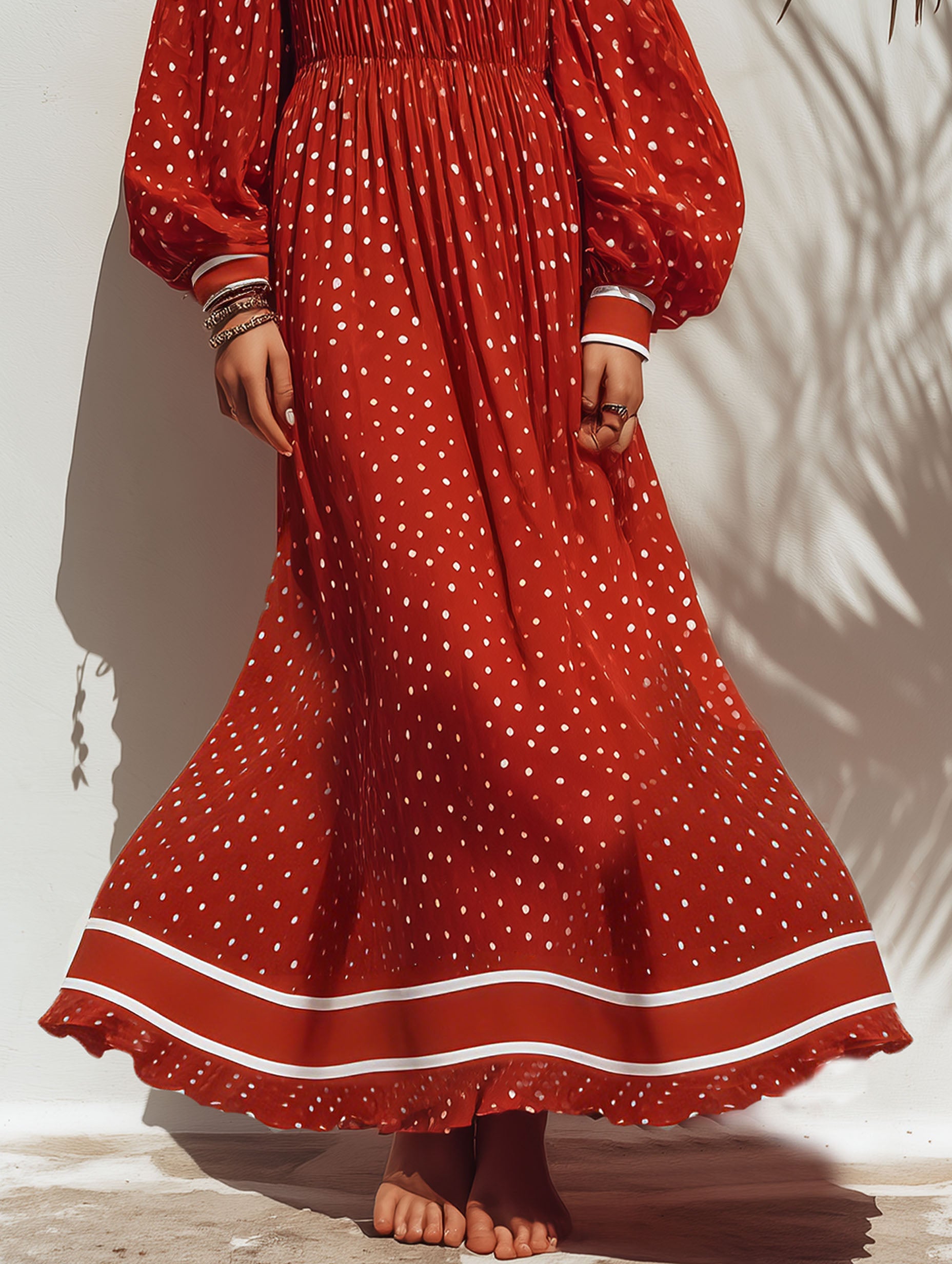 Resort-Style Chiffon White Polka Dot Striped Red Off-Shoulder Maxi Dress
