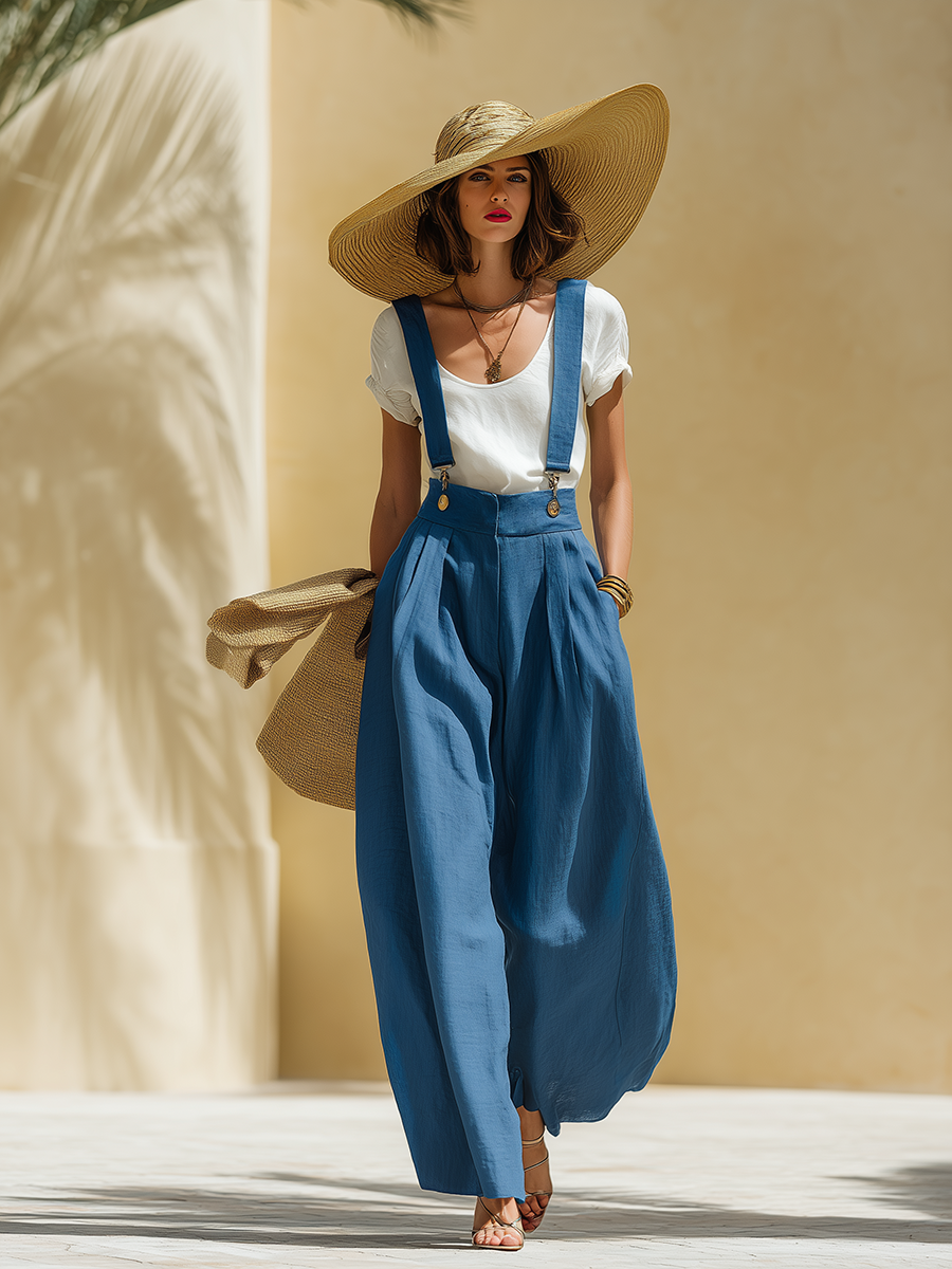 Casual Loose-Fit Blue Tencel-Linen Wide-Leg Overalls