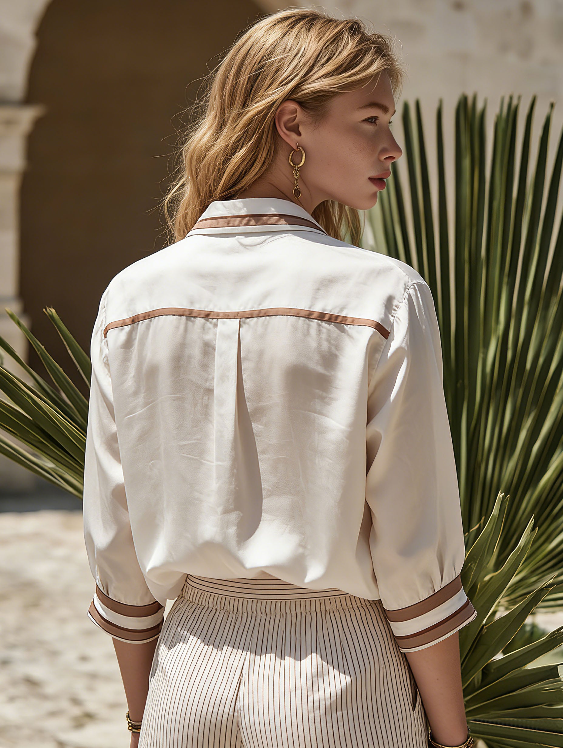 Resort-Style Tencel Fabric Brown Trim White Mid-Sleeve Shirt