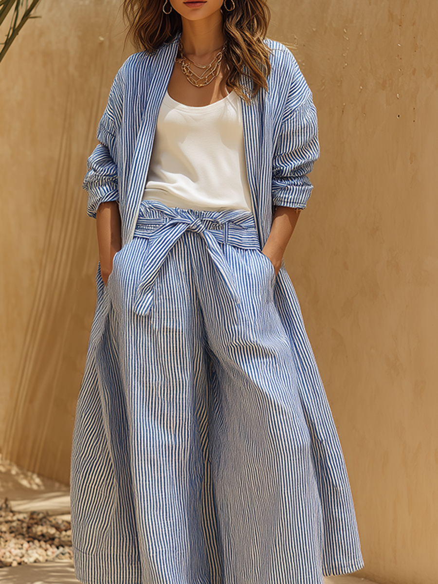 Casual Vacation Style Blue And White Striped Long Cotton And Linen Shirt And Wide-leg Pants Set
