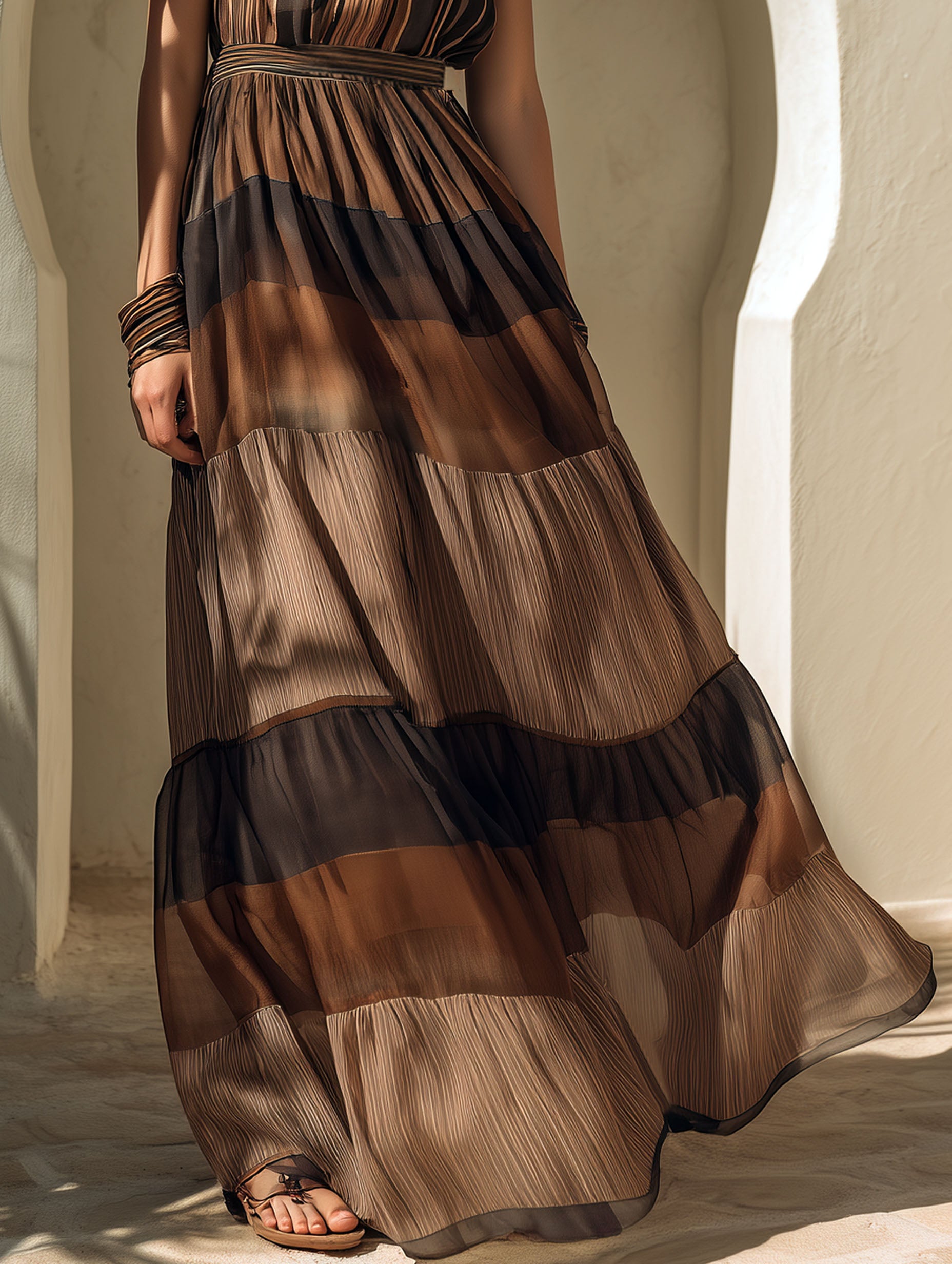 Elegant Resort-Style Brown And Khaki Striped Chiffon Backless Maxi Dress