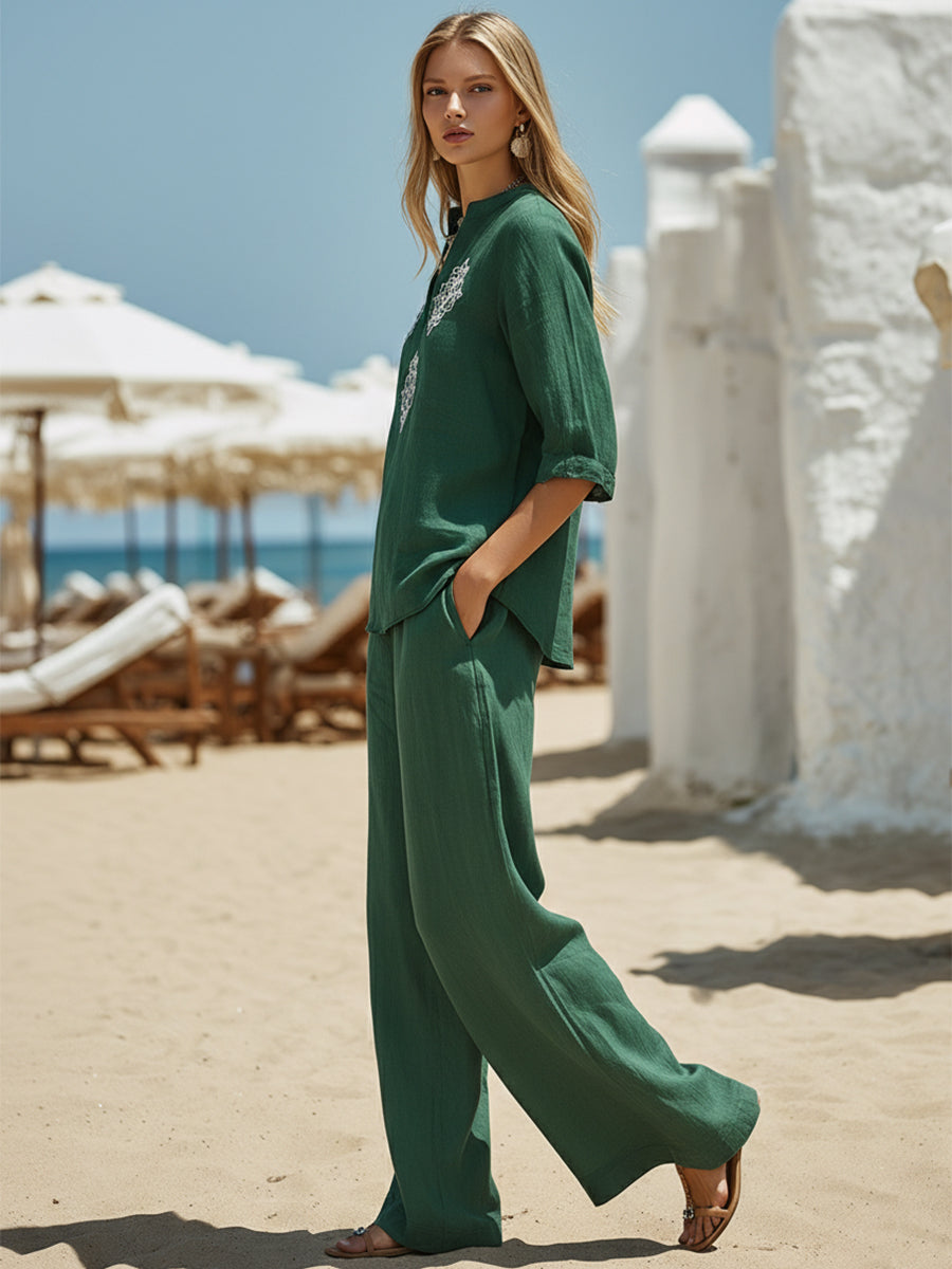 Fashionable Vacation Style White Embroidered Dark Green Cotton Linen V-neck Top And Wide-leg Pants Set