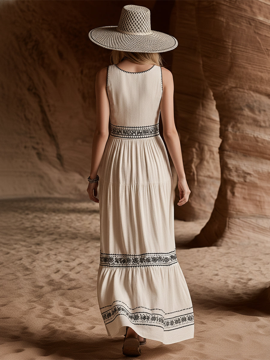 Casual Bohemian Black Embroidered Off-White V-Neck Sleeveless Maxi Dress