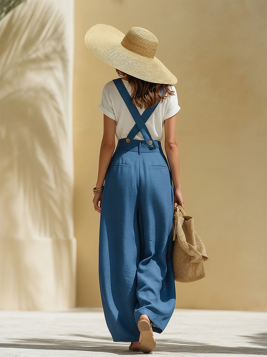 Casual Loose-Fit Blue Tencel-Linen Wide-Leg Overalls