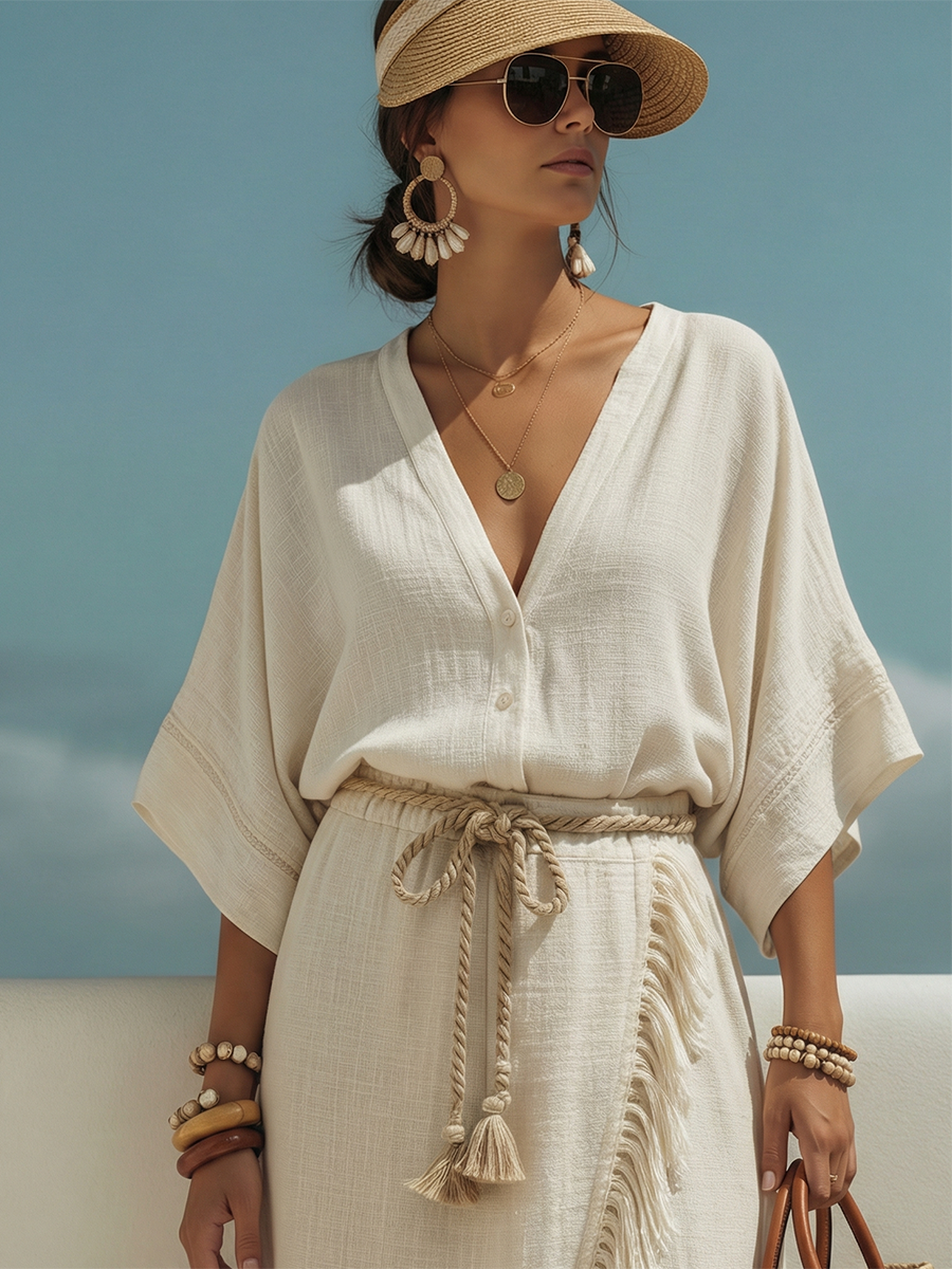 Trendy Bohemian Short-Sleeve Top And Fringe Faux Two-Piece Pants Cotton Linen Set