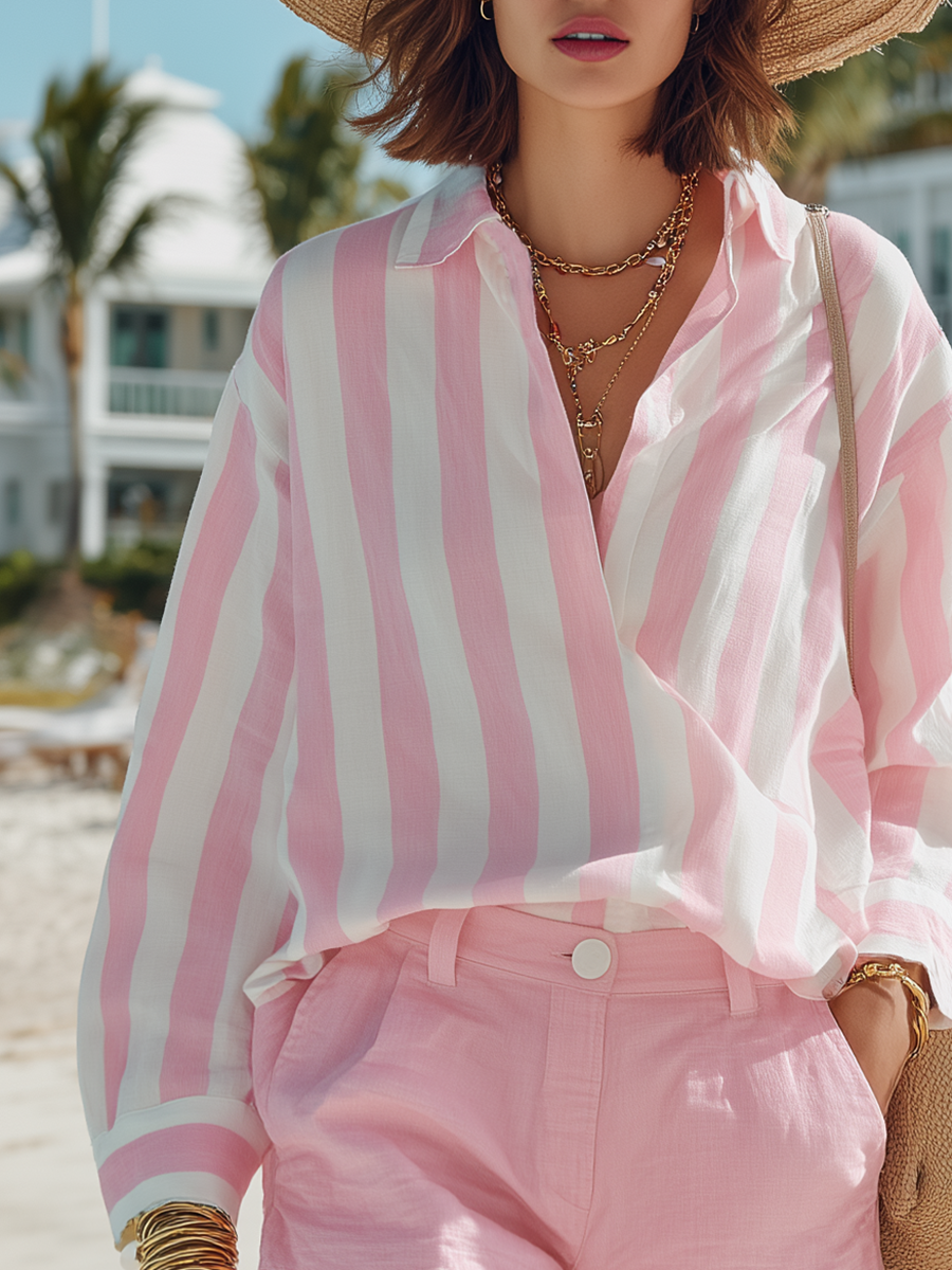 Casual Vacation Pink Cotton-linen Striped Long-sleeved Shirt And Shorts Set
